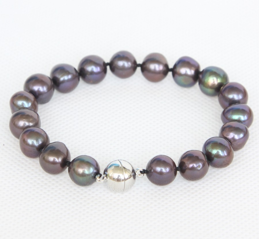 8" 11mm round black brown freshwater pearls bracelet magnet clasp c1280