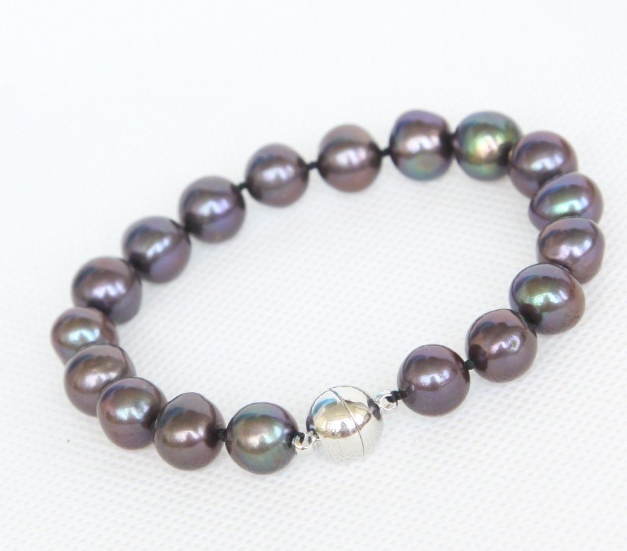 8" 11mm round black brown freshwater pearls bracelet magnet clasp c1280