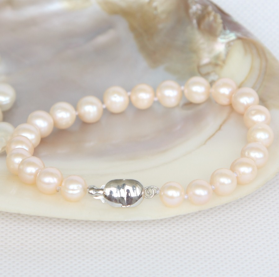 8" 8mm round light pink freshwater pearls bracelet 18KGP clasp c1282