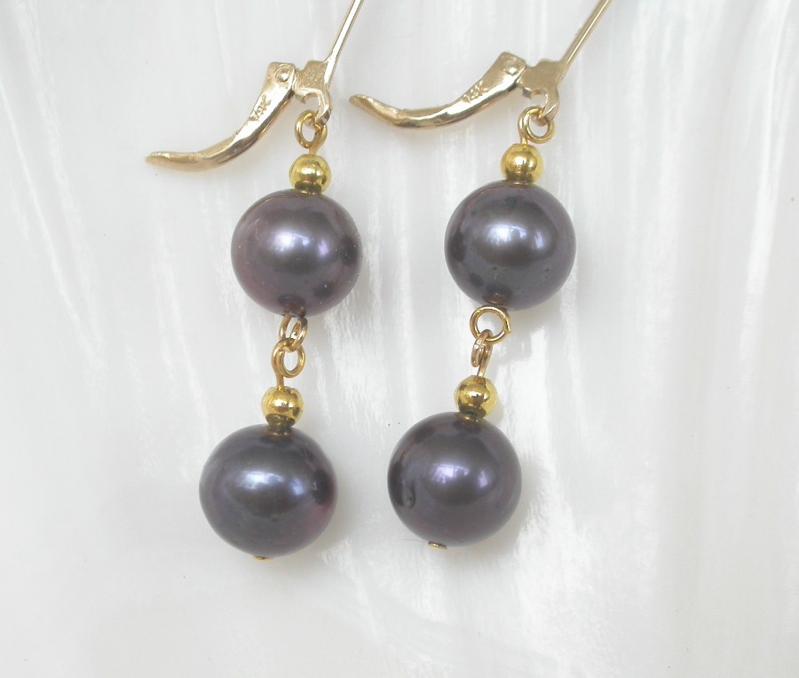 Dangle 1.8" 9mm round black brown freshwater pearls Earrings 14K clasp c1284