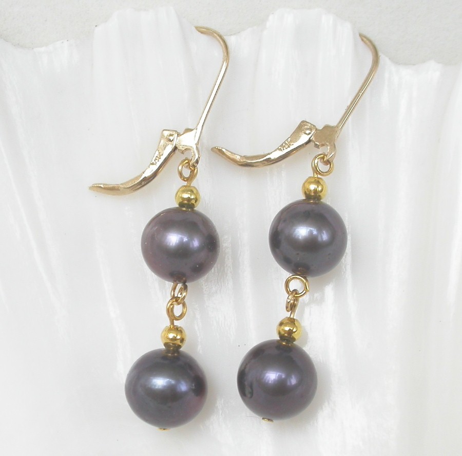 Dangle 1.8" 9mm round black brown freshwater pearls Earrings 14K clasp c1284