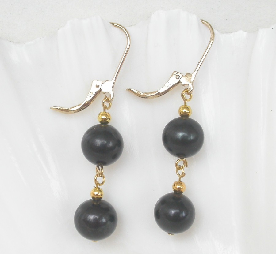 Dangle 1.8" 9mm round black freshwater pearls Earrings 14K clasp c1285