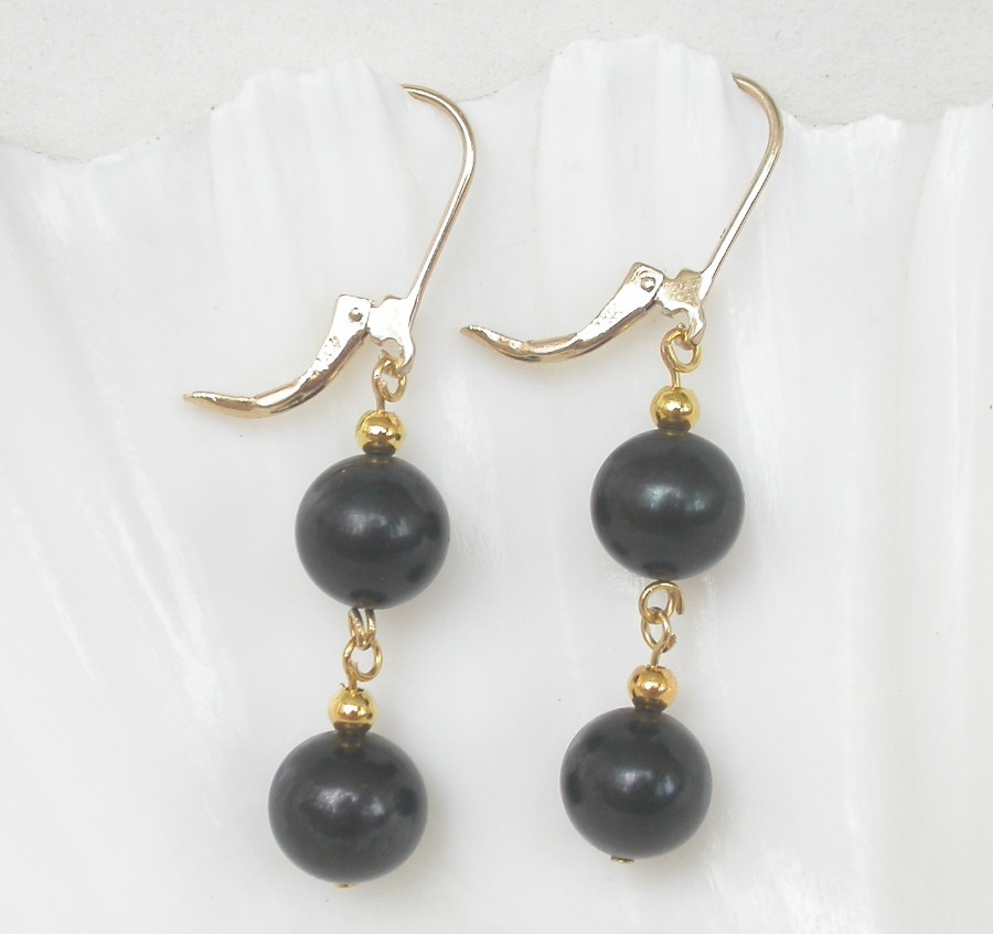 Dangle 1.8" 9mm round black freshwater pearls Earrings 14K clasp c1285
