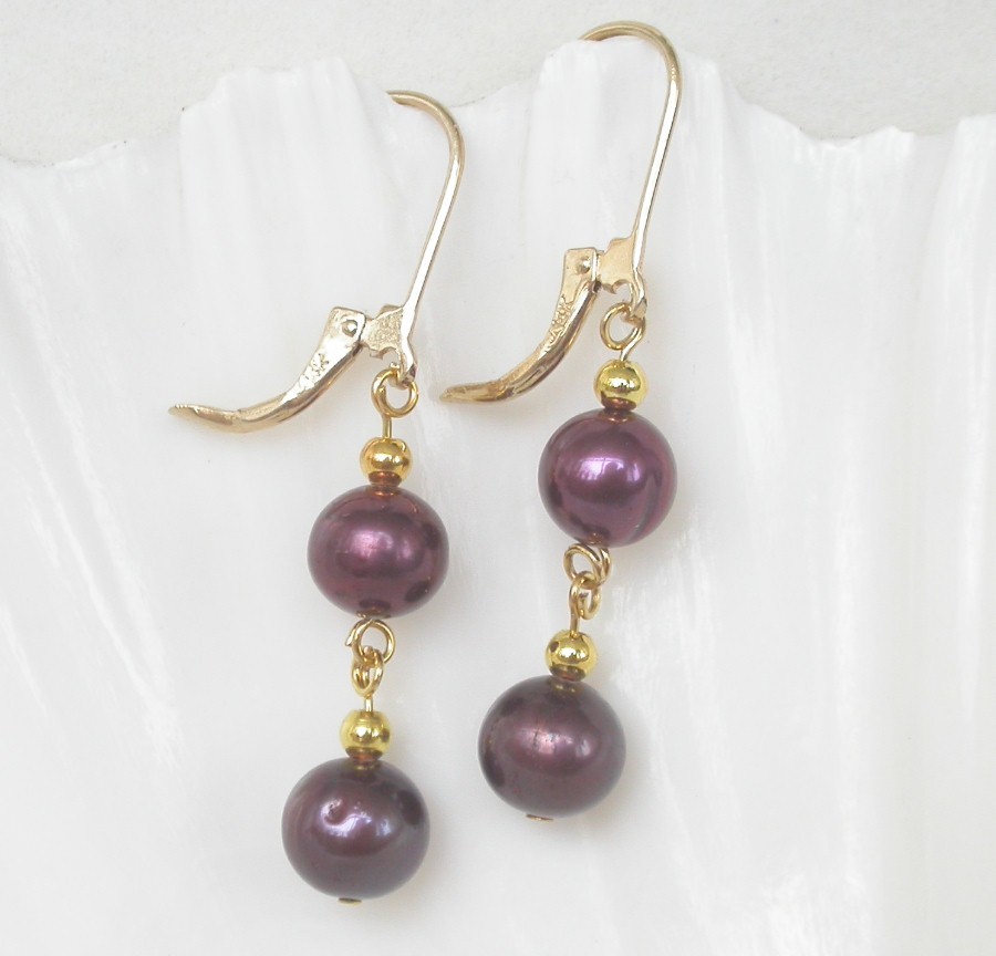 Dangle 1.5" 8mm round wine red freshwater pearls Earrings 14K clasp c1286