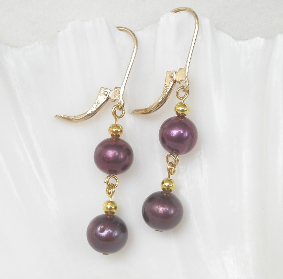 Dangle 1.5" 8mm round wine red freshwater pearls Earrings 14K clasp c1286