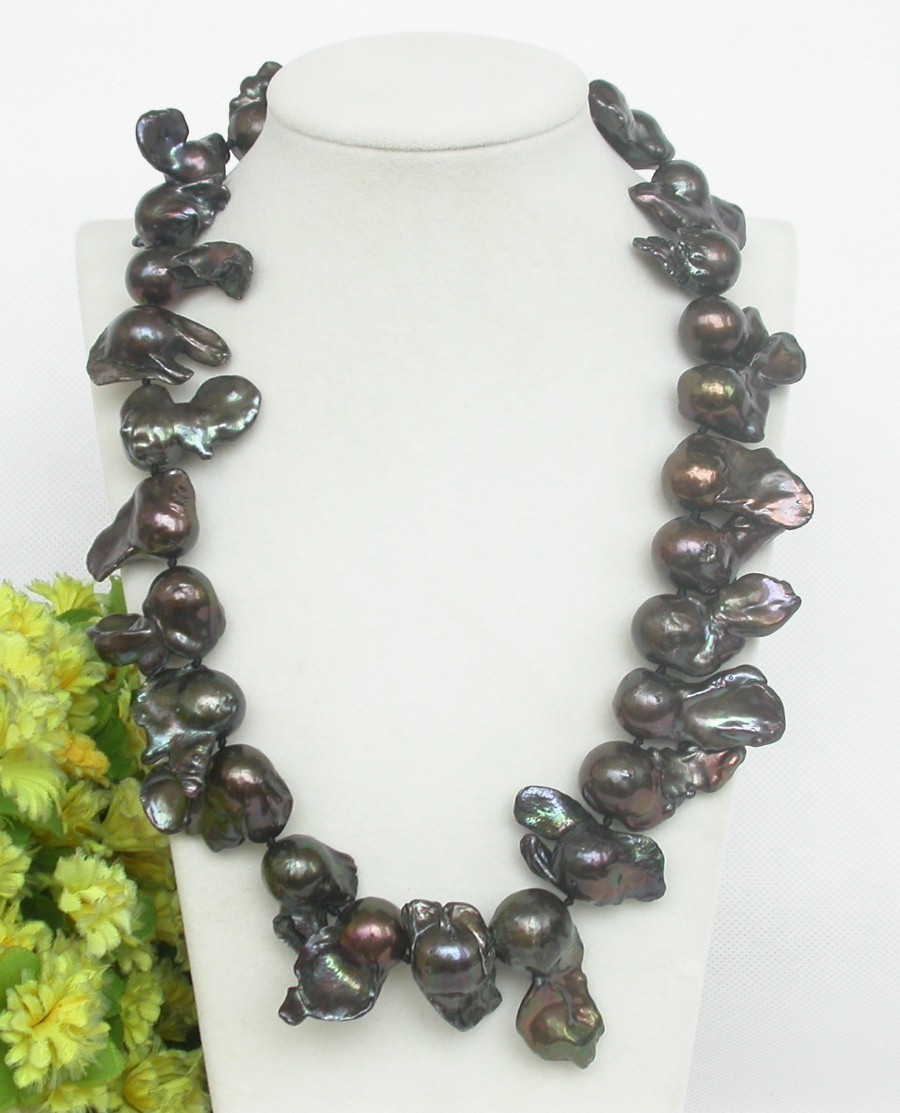 AAA ONLY luster 20" 31mm Baroque black Reborn keshi pearls necklace 925sc c1291