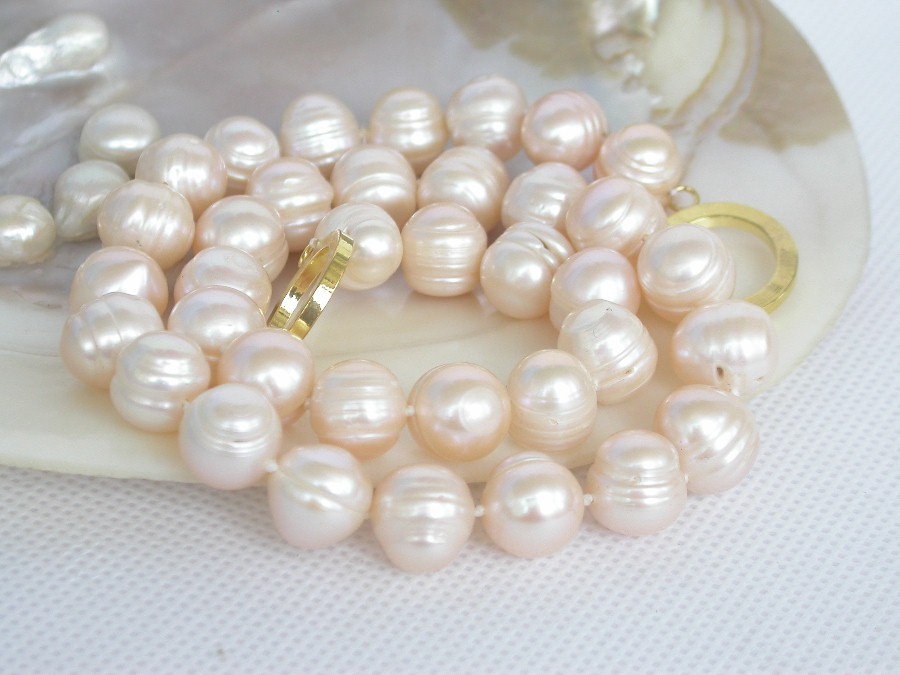 natural 18" 12mm light pink round freshwater pearls beads necklace gold plated c1293