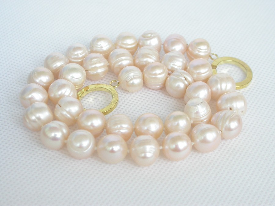 natural 18" 12mm light pink round freshwater pearls beads necklace gold plated c1293