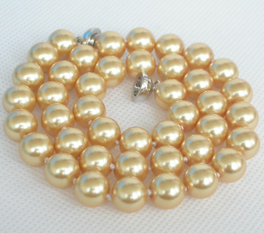 AAA 18" 10mm round golden yellow Akoya south sea shell pearls necklace c1297