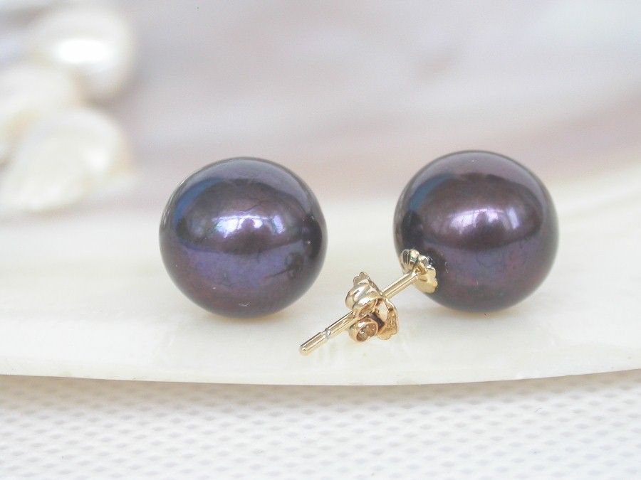 AAAA Studs 12mm round black brown freshwater pearls Earrings 14K post c1301