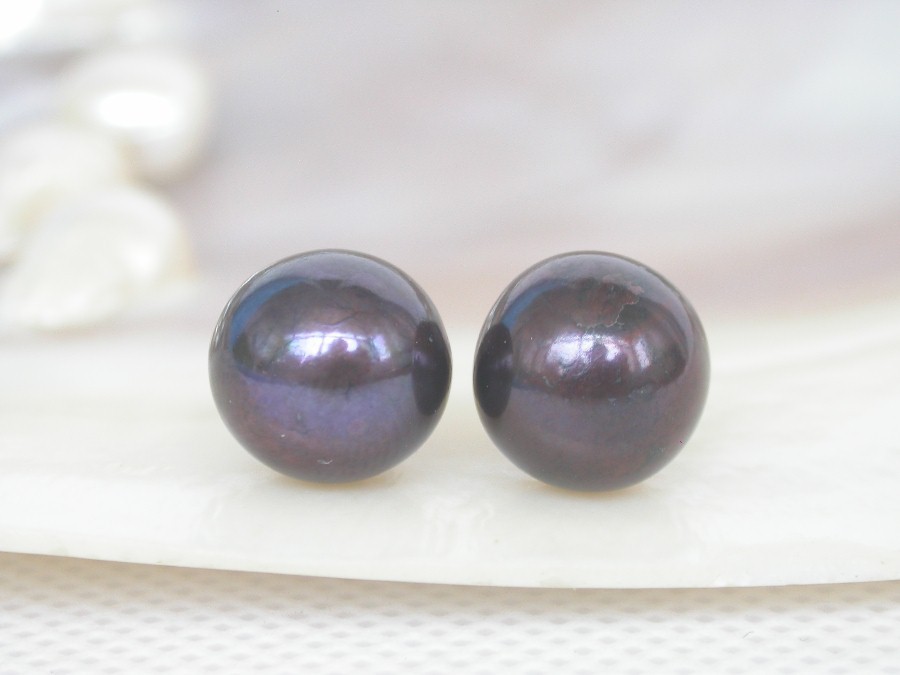 AAAA Studs 12mm round black brown freshwater pearls Earrings 14K post c1301