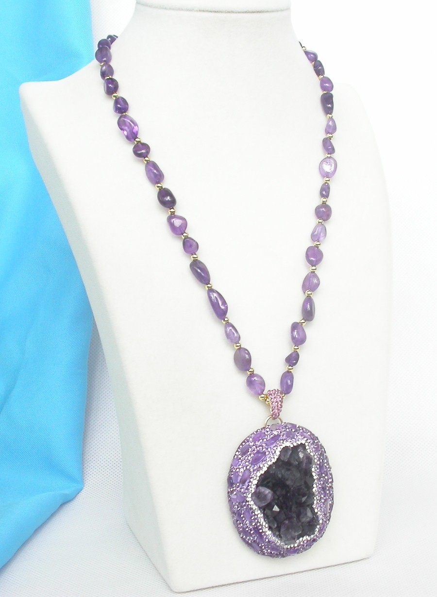natural adjustable 24"-26" 45X55mm crudes purple amethyst pendant necklace c1306