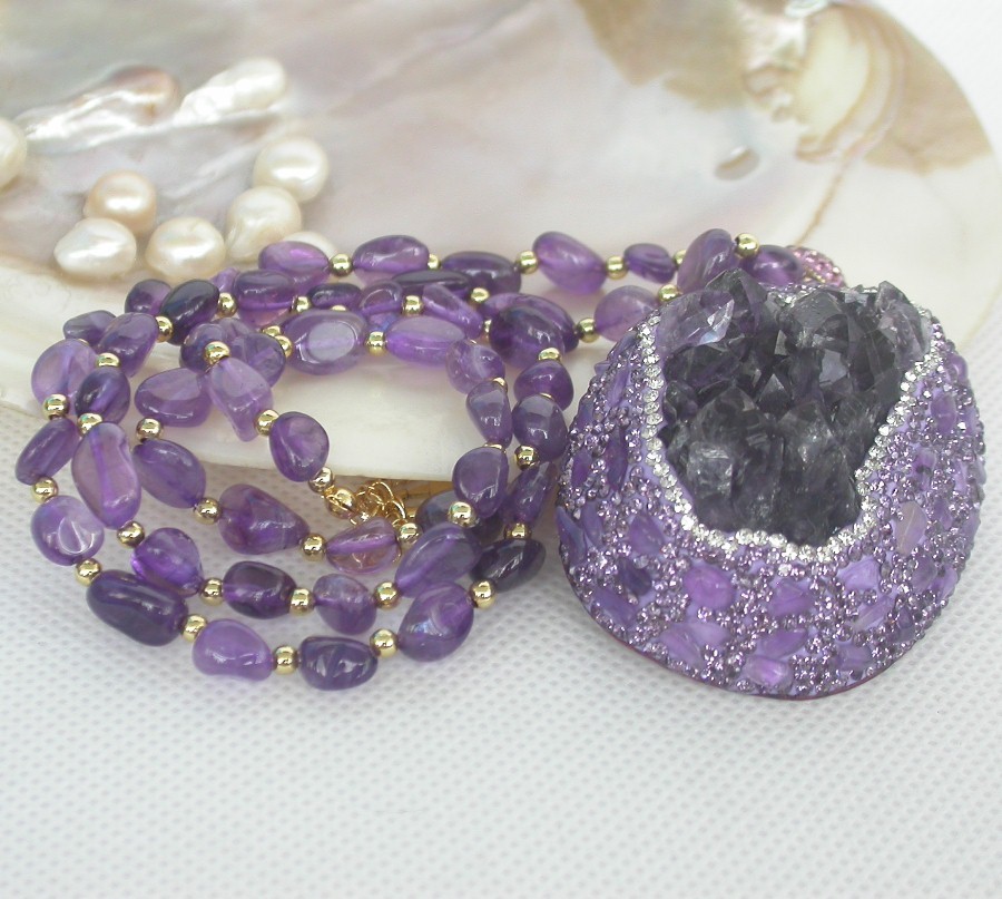 natural adjustable 24"-26" 45X55mm crudes purple amethyst pendant necklace c1306