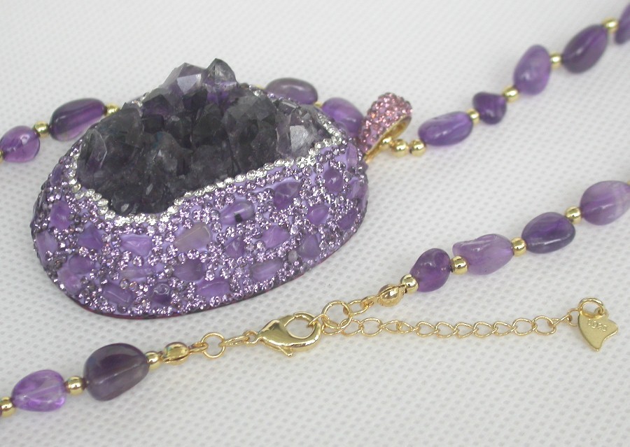 natural adjustable 24"-26" 45X55mm crudes purple amethyst pendant necklace c1306