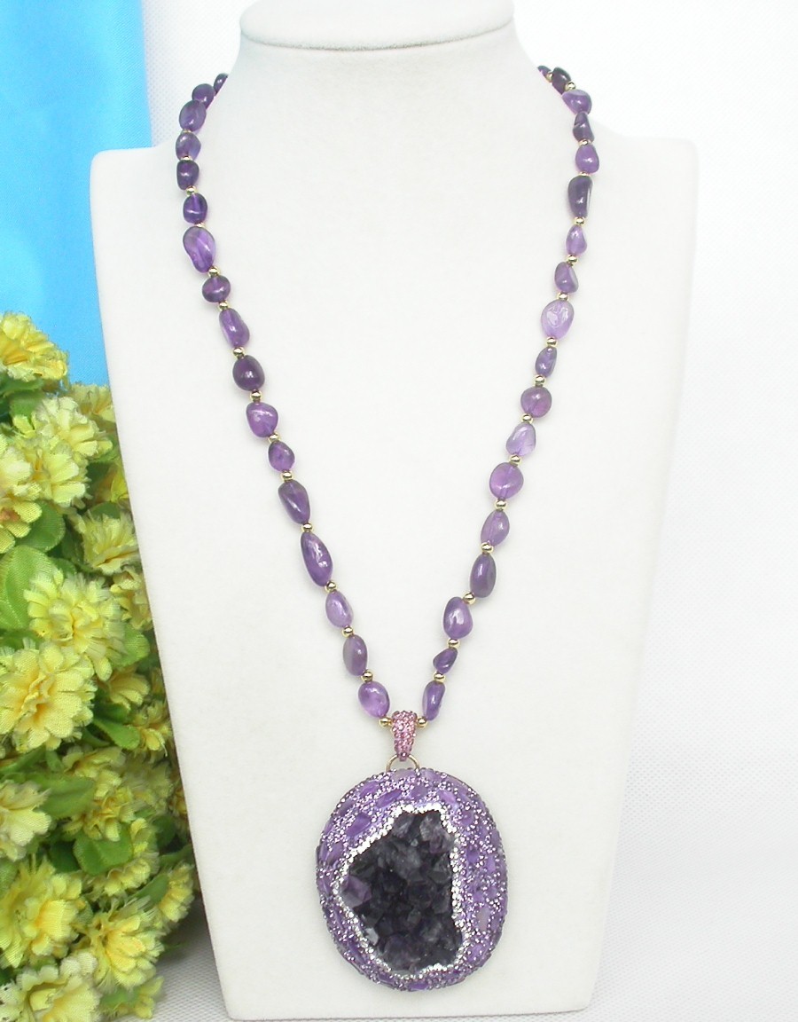 natural adjustable 24"-26" 45X55mm crudes purple amethyst pendant necklace c1306