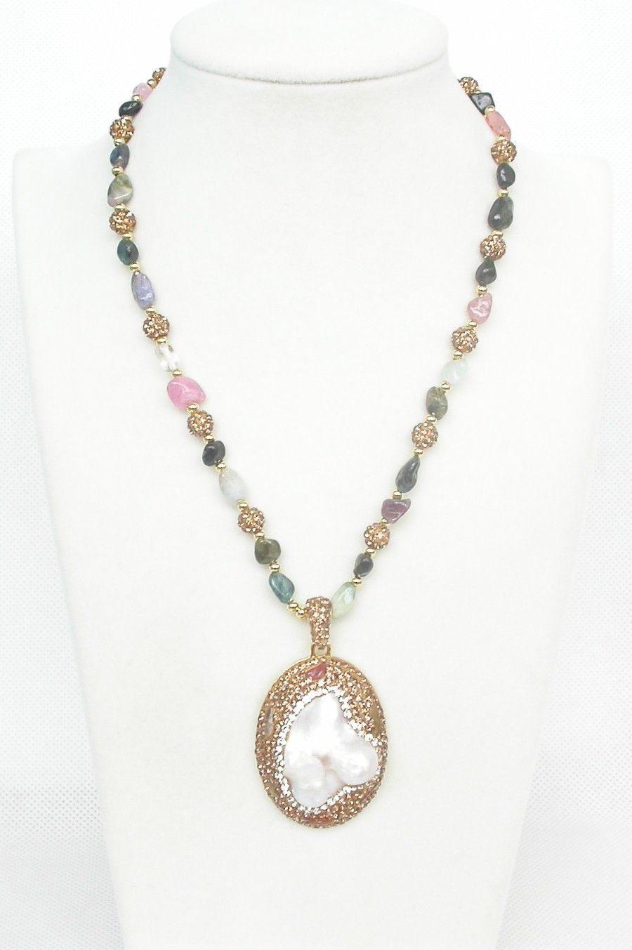 adjustable 30X43mm Baroque tourmaline white Reborn keshi pearls pendant necklace