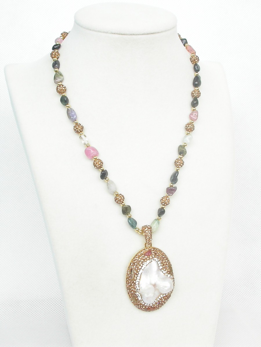 adjustable 30X43mm Baroque tourmaline white Reborn keshi pearls pendant necklace