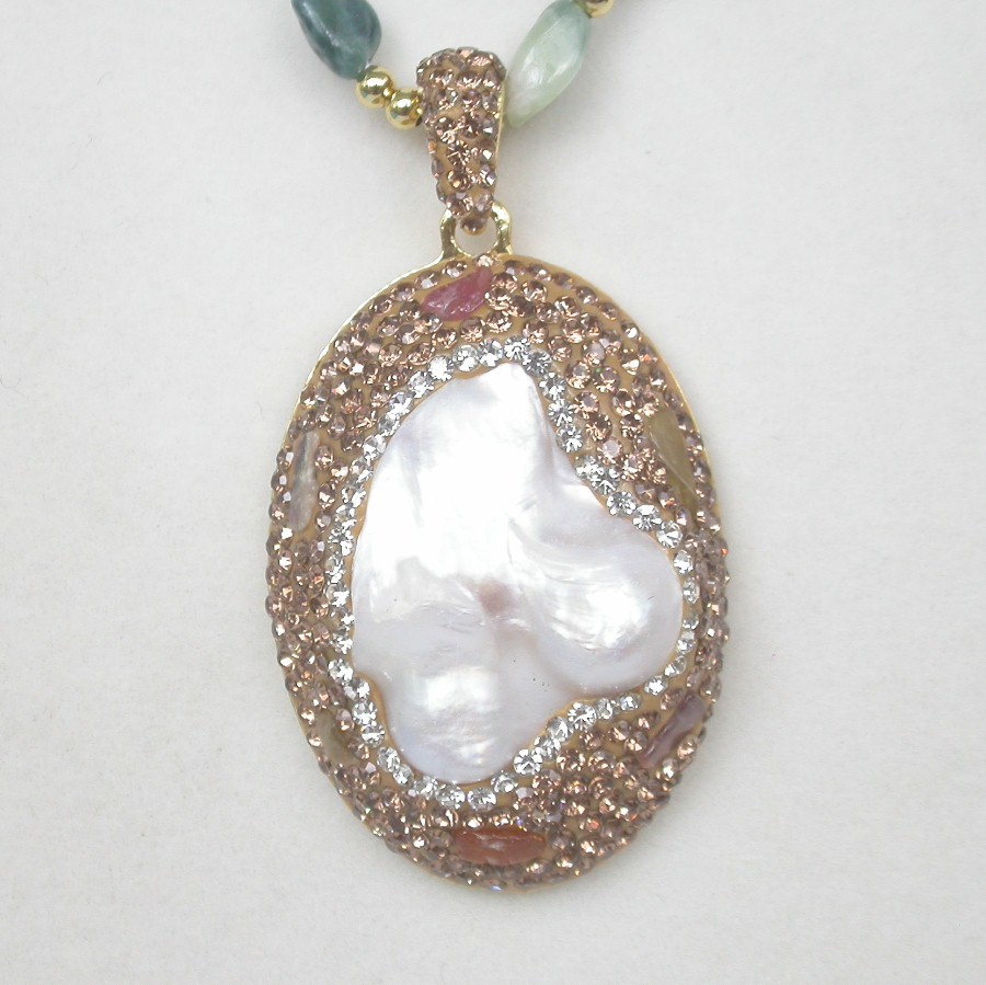adjustable 30X43mm Baroque tourmaline white Reborn keshi pearls pendant necklace