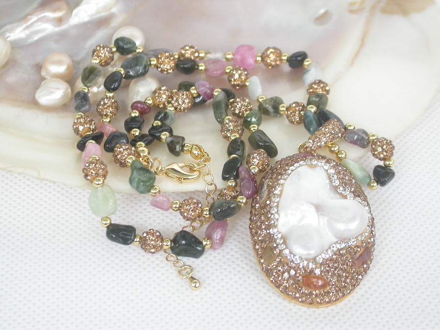 adjustable 30X43mm Baroque tourmaline white Reborn keshi pearls pendant necklace