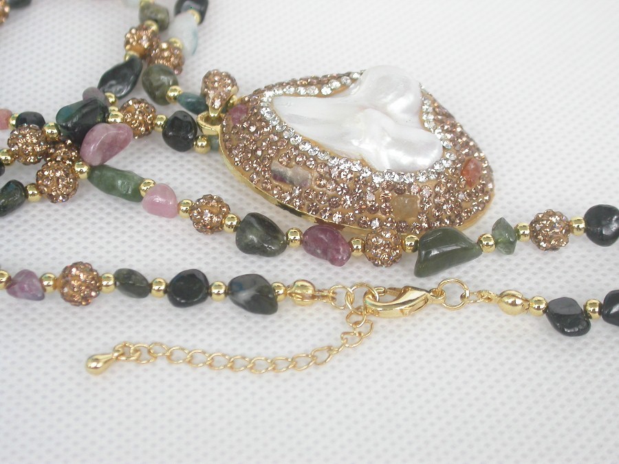 adjustable 30X43mm Baroque tourmaline white Reborn keshi pearls pendant necklace