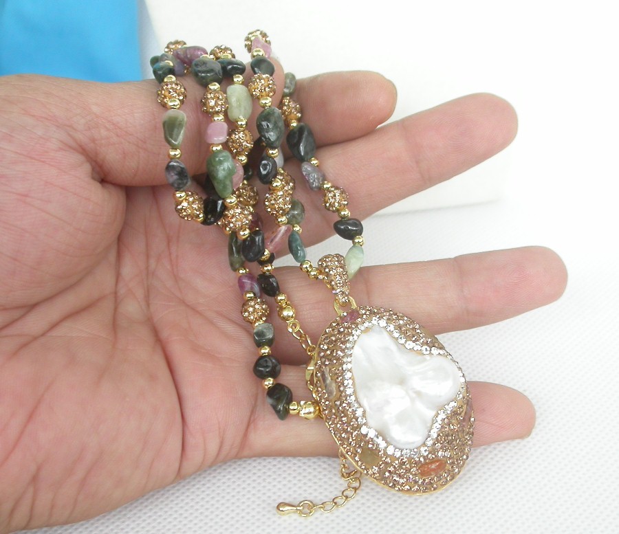 adjustable 30X43mm Baroque tourmaline white Reborn keshi pearls pendant necklace