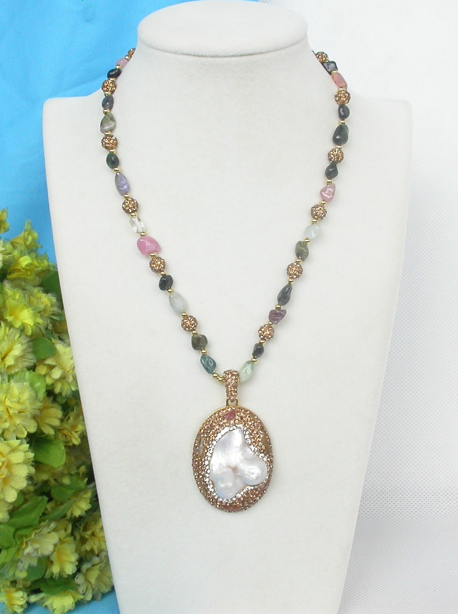 adjustable 30X43mm Baroque tourmaline white Reborn keshi pearls pendant necklace