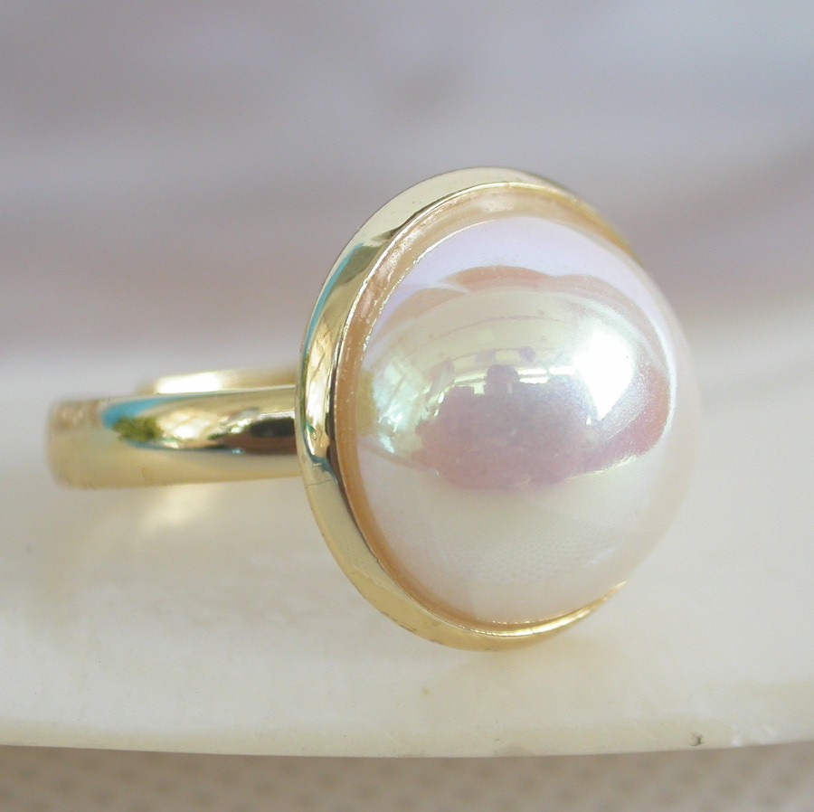 AAA natural Adjustable 16mm white South Sea shell Mabe Pearls Rings 925 silver