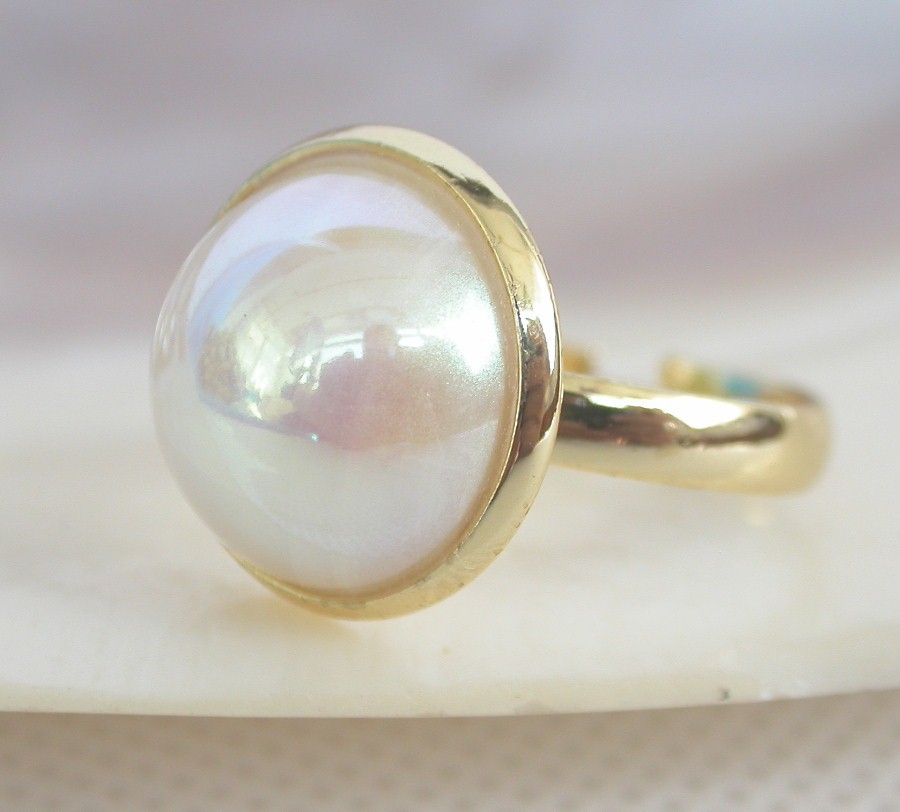 AAA natural Adjustable 16mm white South Sea shell Mabe Pearls Rings 925 silver