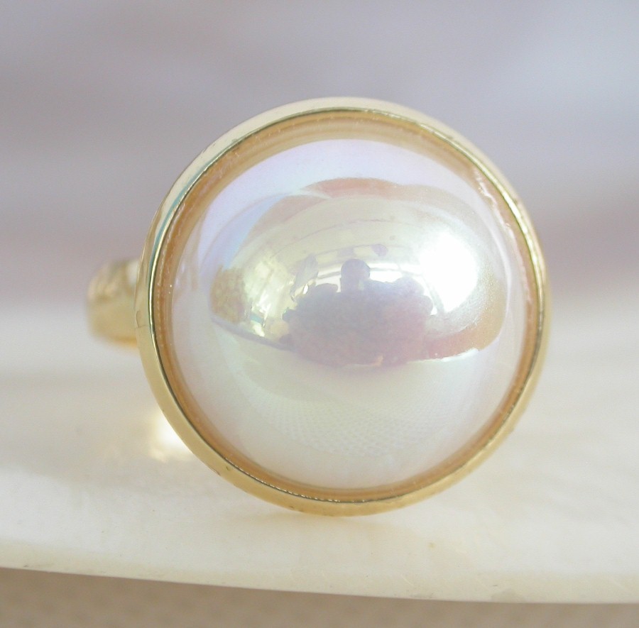 AAA natural Adjustable 16mm white South Sea shell Mabe Pearls Rings 925 silver