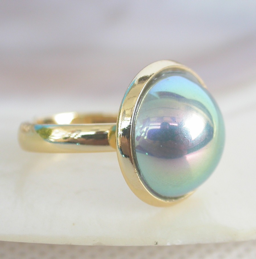 Adjustable 16mm peacock blue South Sea shell Mabe Pearls Rings 925 silver c1314