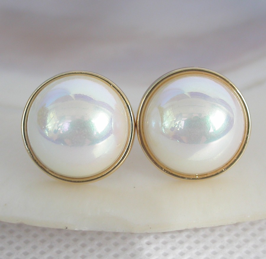 natural Studs 16mm white South Sea shell Mabe Pearls Earrings 925 silver post c1315