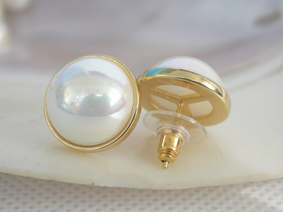 natural Studs 16mm white South Sea shell Mabe Pearls Earrings 925 silver post c1315