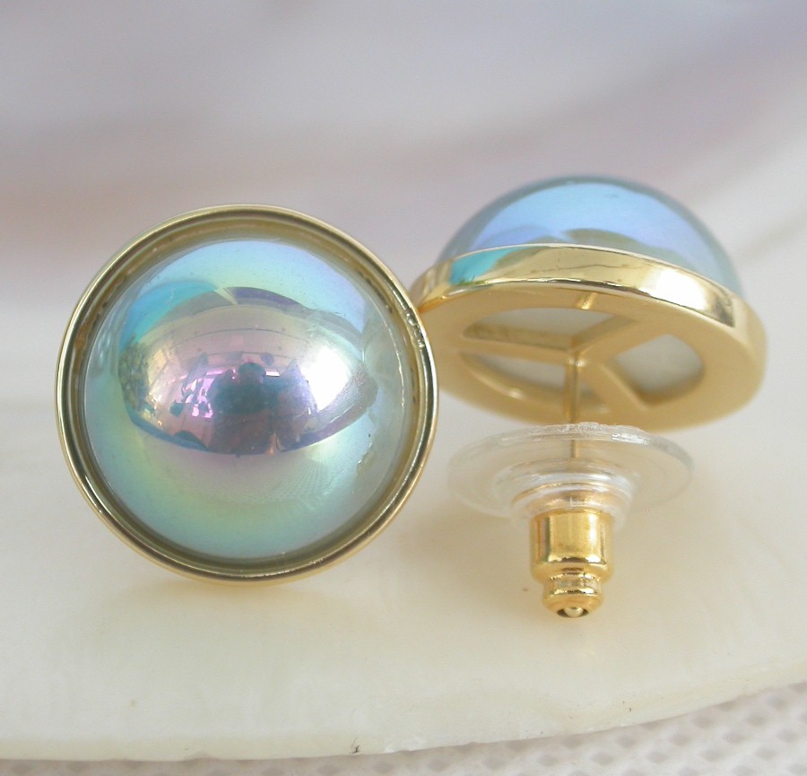 natural Studs 16mm peacock blue South Sea shell Mabe Pearls Earrings 925 silver c1316