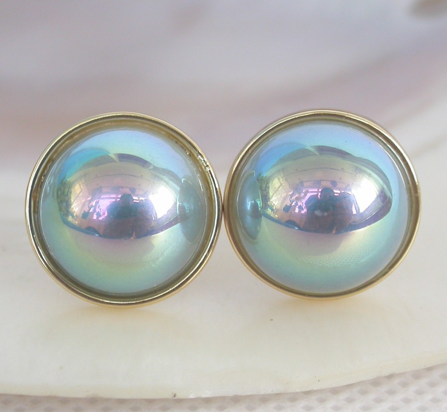 natural Studs 16mm peacock blue South Sea shell Mabe Pearls Earrings 925 silver c1316