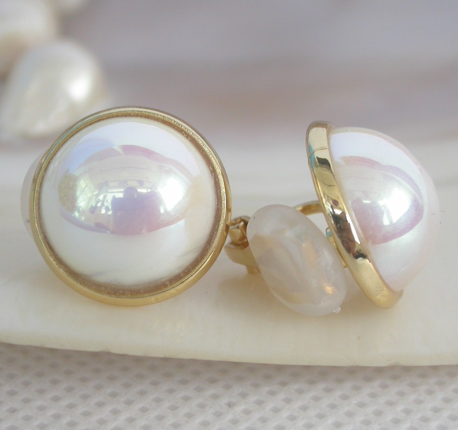 AAA natural Clip 16mm white South Sea shell Mabe Pearls Earrings 925 silver c1317