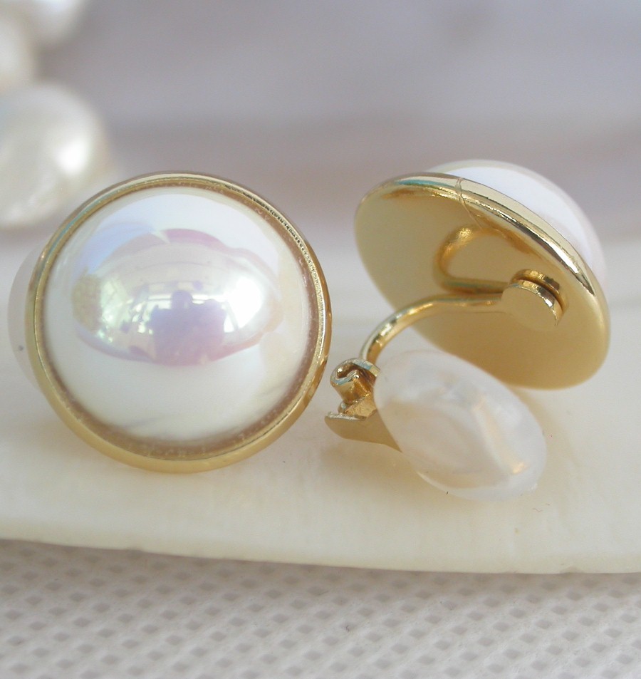 AAA natural Clip 16mm white South Sea shell Mabe Pearls Earrings 925 silver c1317