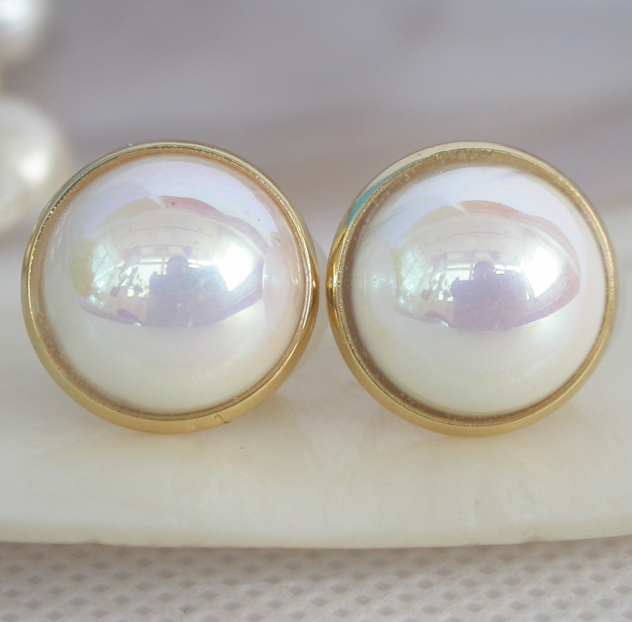 AAA natural Clip 16mm white South Sea shell Mabe Pearls Earrings 925 silver c1317