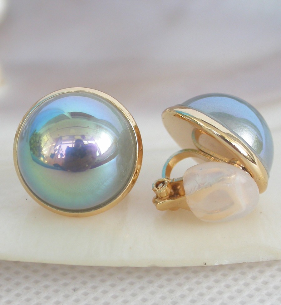 natural Clip 16mm peacock blue South Sea shell Mabe Pearls Earrings 925 silver c1318