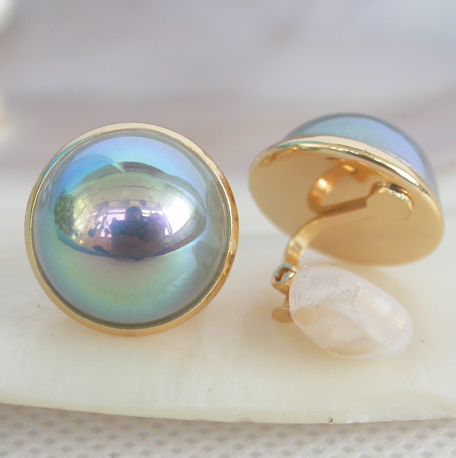 natural Clip 16mm peacock blue South Sea shell Mabe Pearls Earrings 925 silver c1318