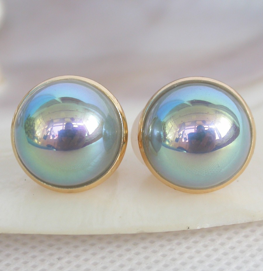 natural Clip 16mm peacock blue South Sea shell Mabe Pearls Earrings 925 silver c1318