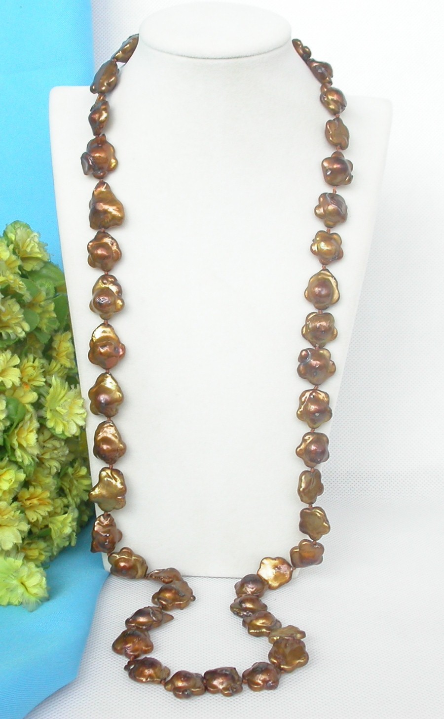Long 34" 20mm petal snowflake baroque coffee Reborn Keshi pearls necklace c1329