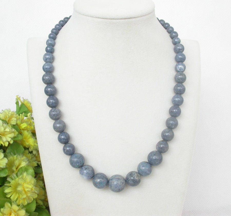 AAA natural Graduated 17" 6-12mm ball round blue coral beads necklace c1331