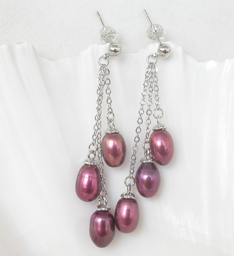 Drop 5cm Dangle Pear Stud 10mm wine red freshwater pearls Earrings 925 silver
