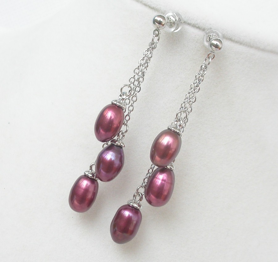 Drop 5cm Dangle Pear Stud 10mm wine red freshwater pearls Earrings 925 silver