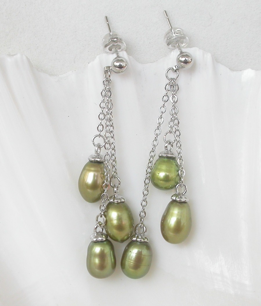 AAA Drop 5cm Dangle Pear Stud 10mm green freshwater pearls Earrings 925 silver c1337