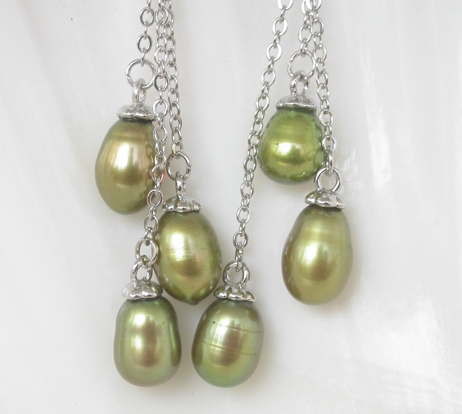 AAA Drop 5cm Dangle Pear Stud 10mm green freshwater pearls Earrings 925 silver c1337