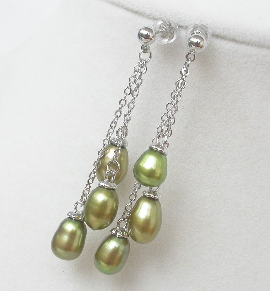 AAA Drop 5cm Dangle Pear Stud 10mm green freshwater pearls Earrings 925 silver c1337