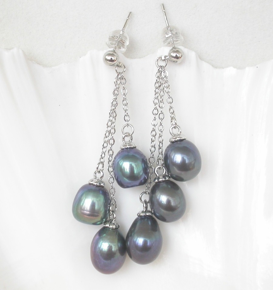 AAA Drop 5cm Dangle Pear Stud 12mm peacock black pearls Earrings 925 silver