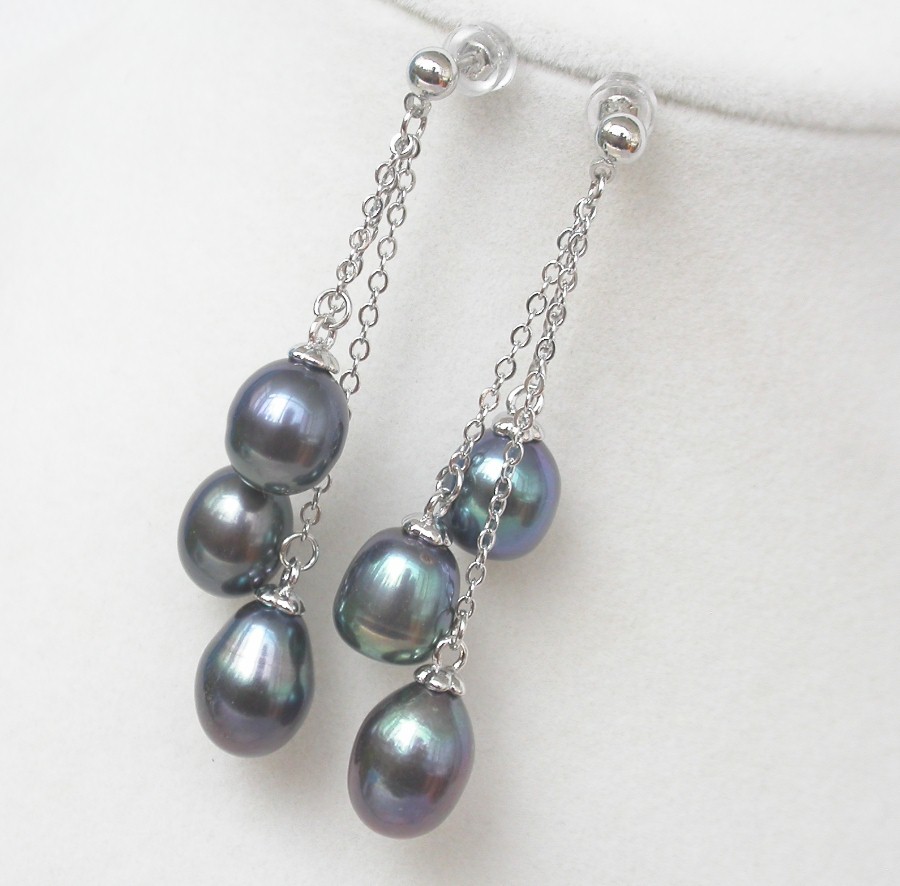AAA Drop 5cm Dangle Pear Stud 12mm peacock black pearls Earrings 925 silver