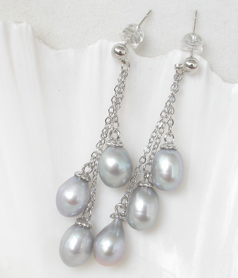 AAA Drop 5cm Dangle Pear Stud 10mm gray freshwater pearls Earrings 925 silver